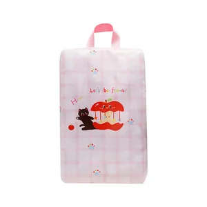 Cute pink checkered waterproof shoe storage bag with cartoon cat and apple design for travel