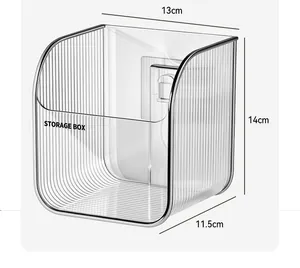 Clear fluted wall-mounted storage box organizer showing dimensions 13cm x 14cm x 11.5cm