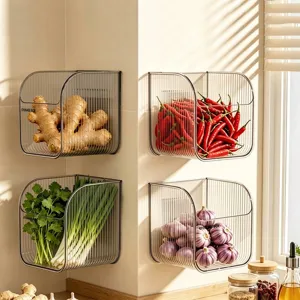 Wall Mounted Kitchen Storage Box For Ginger Garlic Onion Clear Striped PET Organization Bin Bathroom Toilet Spice Storage Rack Space Saving Basket
