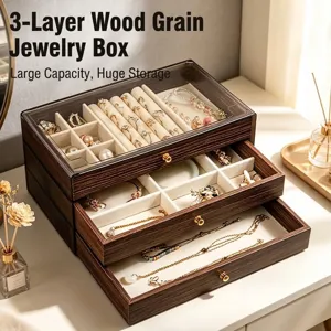 Vintage 3 Layer Walnut Wood Grain Jewelry Box Large Capacity Storage Organizer With Transparent Lid Gold Handles For Women