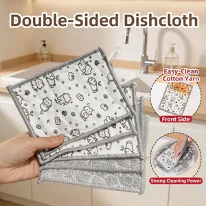 Double Sided Thickened Dishcloth Kitchen Cleaning Cloth Absorbent Non Shedding Steel Wire Scouring Pad Cartoon Cat Pattern Dish Towel