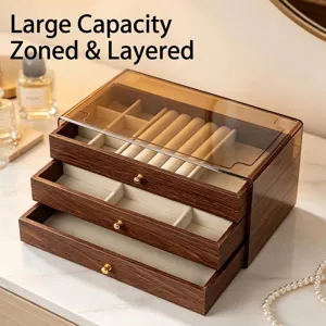Premium 3-layer walnut grain jewelry organizer box with a transparent lid for vanities