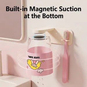 Porte-brosse à dents magnétique mural avec gobelet de rinçage rose dessin animé