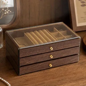 Elegant 3-layer walnut wood grain jewelry box with transparent lid and gold knobs