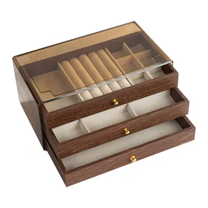 Large 3-tier walnut wood grain jewelry box with transparent lid and velvet lining.