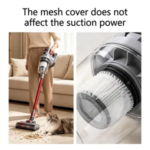 Universal disposable vacuum filter mesh sleeve shown in domestic use with pet cat