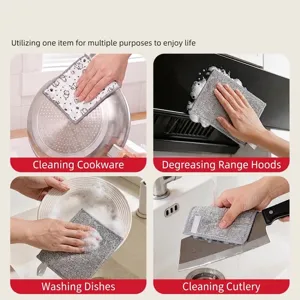 Versatile double-sided dishcloth for kitchen cleaning shown in various usage scenarios