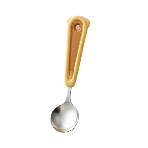 Cute yellow 304 stainless steel 2-in-1 fruit spoon and fork with bear ear handle