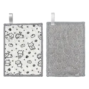 Double-sided thickened dishcloth with cute cat pattern and scrubbing surface for kitchen.
