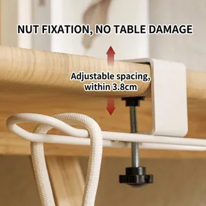 Adjustable white metal desk bag hook with 3.8cm clamping range for student tables