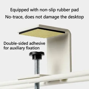 Adjustable white metal desk bag hook with non-slip pad and screw clamp