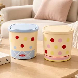 Mini Desktop Pop-up Trash Can Polka Dot Desktop Storage Bin For Office Dormitory Vanity Table Plastic Small Waste Basket With Lid