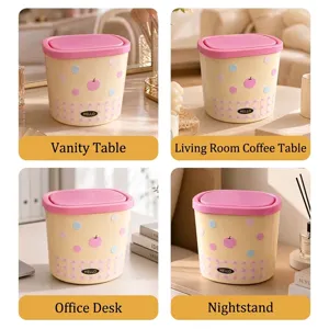 Cute mini desktop trash can with pop-up lid for dressing table office and home organizer