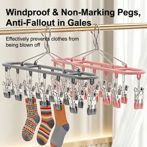 18-clip windproof laundry drying rack for socks and underwear in pink and grey