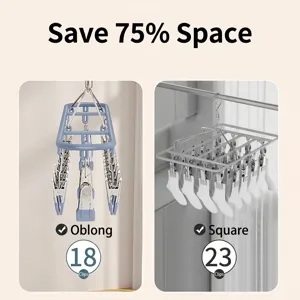 Multifunctional space-saving drying rack with 18 and 23 clips for socks and laundry.