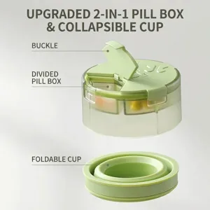 Portable 2-in-1 Pill Box With Collapsible Water Cup 4 Grids Pill Organizer Case Moisture-proof Travel Pill Container With Cutter