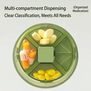 Portable 4-compartment pill box with water cup, green moisture-proof organizer