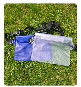 Durable waterproof phone waist bags in blue and clear for swimming and diving use.