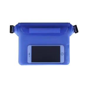 Blue waterproof waist bag for phone with adjustable strap for swimming and diving.
