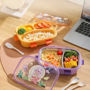 Fiambrera Bento de Acero Inoxidable 201 de Dibujos Animados con Tres Compartimentos Contenedor de Alimentos para Microondas con Cuchara Tenedor para Escuela Oficina