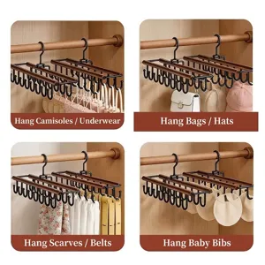 Multi-functional double-row rotating hanger rack for organizing bags, hats, and belts.