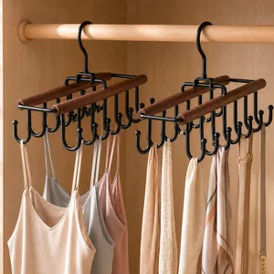 Multi-hook double-row wooden hanger for camisoles, scarves and bags storage