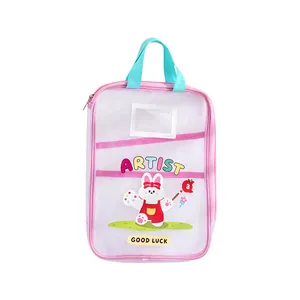 Large capacity pink cartoon rabbit mesh file bag with handle for school exam papers