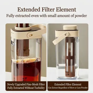 Large capacity portable cold brew coffee pitcher with an extended fine mesh filter