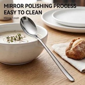 Mirror polished 316 stainless steel soup spoon with long handle and elegant design