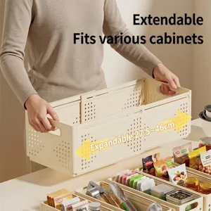Expandable plastic storage basket for kitchen cabinet and desktop organization