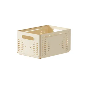 Cream foldable plastic storage crate for home kitchen cabinet and desktop organization