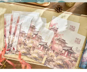 Close-up of Chinese style stationery set with traditional landscape and pavilion motifs