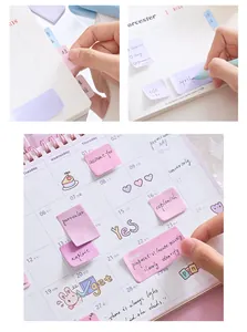 Detailopname van pastelroze plaknotities en index tabs gebruikt in een planner grid