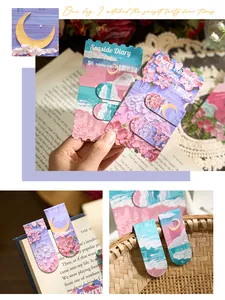 Aesthetic magnetic bookmarks with oil painting style sky and flowers for journals and books.
