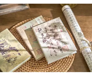 Detailansicht von A7 Hardcover-Notizbüchern mit alter chinesischer Landschaftskunst und Kalligrafie.