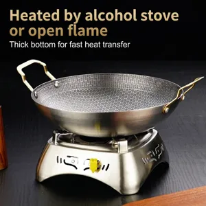 Premium roestvrijstalen honingraat wok met gouden handvaten en spiritusbrander