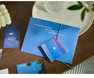 Detailaufnahme eines blauen Umschlagsets mit Landschaftsmotiven und romantischen Zitaten.