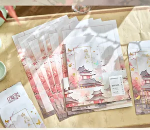 Detailed view of Chinese style stationery set with landscape art envelopes and paper