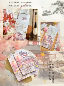 Detail view of traditional Chinese style stationery envelopes with landscape and blossom art