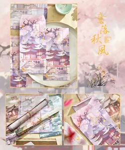 Detailed view of Early Foam Chinese style stationery set with autumn landscape patterns