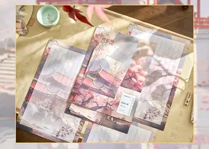 Traditional Chinese style stationery set featuring floral and ancient palace architecture patterns