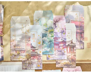 Traditional Chinese landscape stationery envelopes with elegant gold-foiled calligraphy