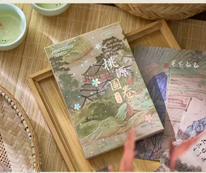 Close-up of Chinese style postcard set with landscape foil details