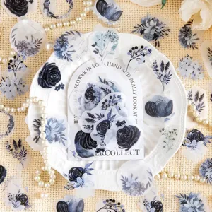 Vintage blue botanical floral PET stickers set for scrapbooking and DIY crafts