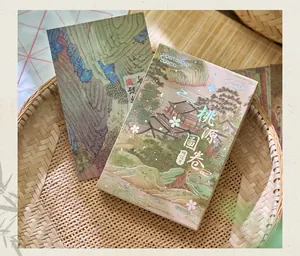 Close-up of vintage Chinese style postcard box with hot silver landscape design in a basket
