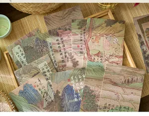 Detailed view of traditional Chinese landscape painting postcards in artistic layout.