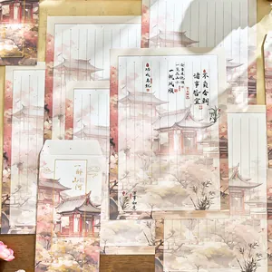 Vintage Chinese landscape painting style stationery set featuring elegant pavilions