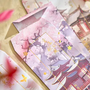Chinese style letter envelope set with pink cherry blossom and ancient architecture