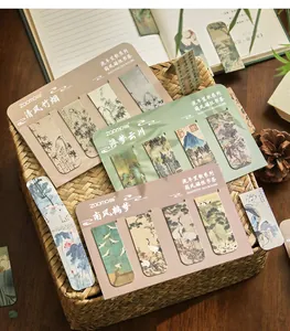 Vintage Chinese landscape art magnetic bookmark sets displayed on a woven basket