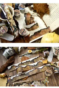 Macro di nastro washi vintage con bordi bruciati e motivi di farfalle e lettere antiche